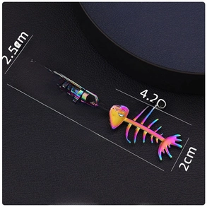 Detail showing colorful rainbow fishbone keychain dimensions and alloy material texture