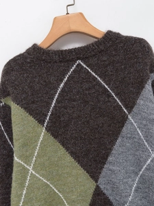 Close-up of argyle knit sweater neckline with green and brown diamond patterns