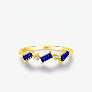 Emerald Cut Blue Cubic Zirconia Ring 925 Sterling Silver Gold Plated Geometric Vintage Style Jewelry For Women