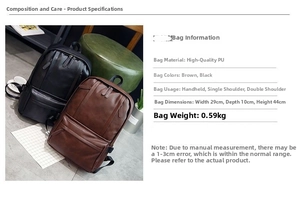 Detailed dimensions of the casual PU leather backpack with size and material labels