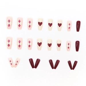 Elegant diamond lattice and heart press-on nails in burgundy and cream ballerina shape