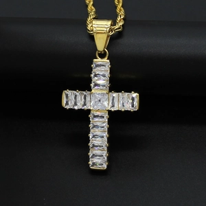Gold-plated 316 stainless steel cross necklace with AAA rectangular zircon gemstones