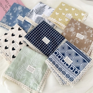 Lace-trimmed cotton linen square scarves with various floral and geometric patterns