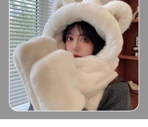 Detail of soft plush thickened winter 3-in-1 hooded scarf with cute bear ears in cream white