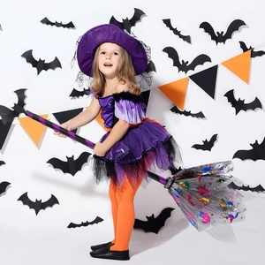 Kids purple witch costume set with LED light broom and hat for Halloween party decor