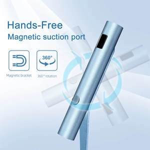 Detail of light blue magnetic nail lamp with 360-degree rotation and digital screen