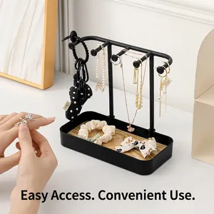Jewelry Organizer Stand With Wood Grain Tray Hooks Desktop Display Rack For Necklace Earring Rings Minimalist