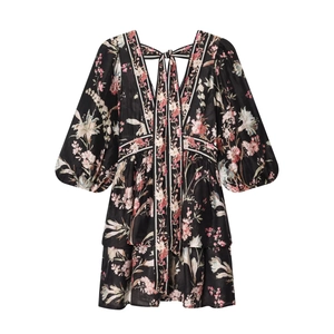 Floral print mini dress with deep V-neck and puff sleeves in black chiffon fabric