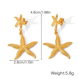 Detailed size specifications of 18k gold starfish shell earrings showing width and height
