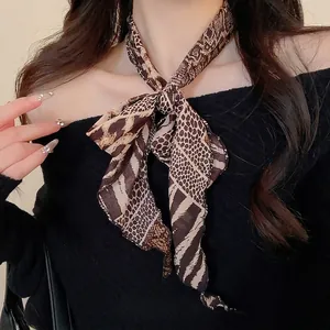 Retro animal print chiffon neck scarf necklace with resin leopard pendant for women