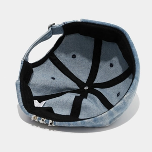 Retro washed denim docker cap with adjustable strap and vintage distressed frayed brim