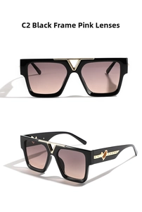 Detail of square oversized sunglasses with gold V-bridge and heart-shaped temple accents
