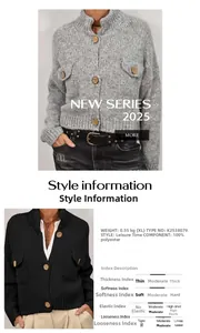 Detail view of knit cardigan featuring large wooden buttons and chest flap pockets