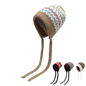 Fair Isle gebreide muts met oorkleppen en trekkoorden in kakiblauw en diverse kleuren