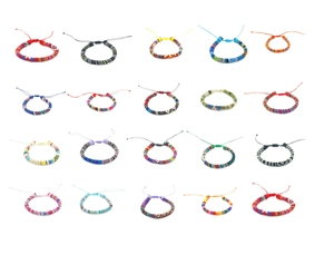 Detailed grid view of 20 assorted handmade bohemian colorful braided surfing bracelets