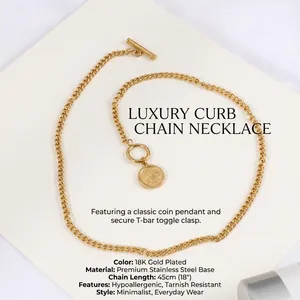 Golden Cuban chain necklace with vintage coin pendant and OT toggle clasp on a magazine