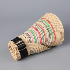 Foldable raffia sun visor with colorful striped ribbon and adjustable elastic gold buckle