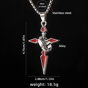 Stainless steel cross necklace with red enamel inlay and ring detail for men
