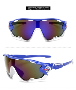 Detail of blue sport sunglasses showing vented mirror lens and silver frame edges
