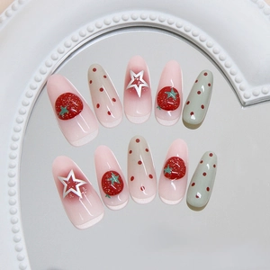 Press on nails with 3D crystal strawberries, stars and gradient dots on a mirror tray