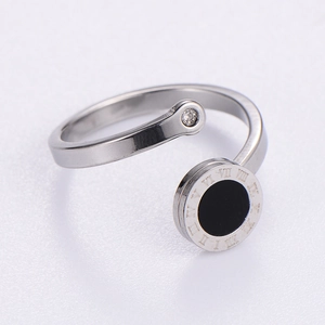 Adjustable silver stainless steel open ring with Roman numerals and black inlay charm
