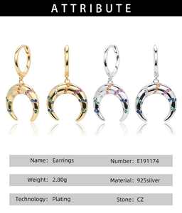 Macro shot of 925 sterling silver crescent earrings with colorful cubic zirconia