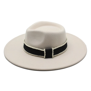 Elegant beige wool fedora hat with a wide brim and pearl-embellished black ribbon band