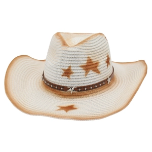 Western straw cowboy sun hat with dark brown gradient brim and star patterns