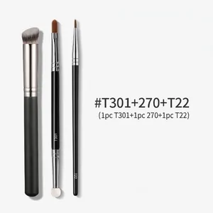 Makeup brush set with T301, 270, and T22 brushes featuring matte black handles