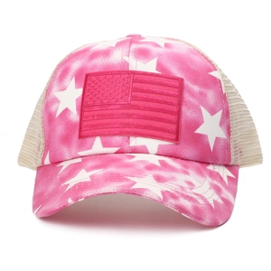 Pink tie-dye ponytail baseball cap featuring American flag patch and white star pattern