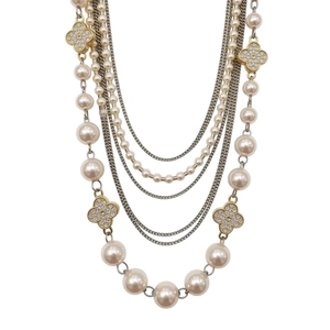 Elegant multilayer pearl necklace with sparkling flower clover charms and silver chains