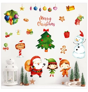 Détails de stickers muraux Père Noël et bonhomme de neige aquarelle sur mur blanc