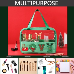 Green PVC Christmas makeup bag detail showing multipurpose storage and festive embroidery