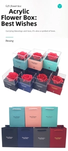 Detailed view of acrylic rose gift box with jewelry drawer and matching shopping bag