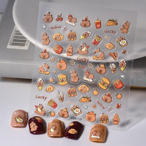 5D Embossed Nail Art Stickers Cute Cartoon Bear Capybara Food Pattern Waterproof Self Adhesive DIY Manicure Decals