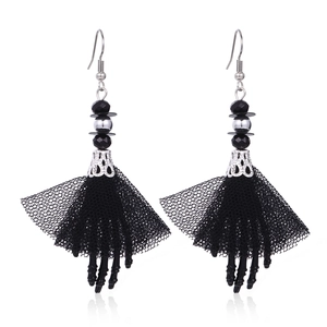 Gothic Halloween earrings with black lace fan and skull hand charms for women