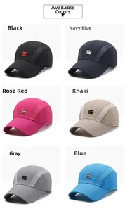 Detailed view of breathable sports caps in six colors with mesh panels and embroidered logos