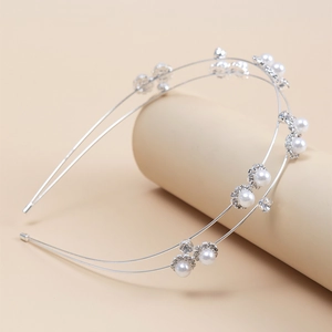 Silver double-layer metal headband featuring elegant pearls and sparkling rhinestones