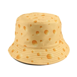 Double-sided sun hat featuring creative yellow cheese pattern print on a flat bucket hat