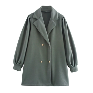 Women Retro Woolen Coat Double Breasted Long Sleeve Lantern Sleeve Suit Collar Outwear Gold Buttons