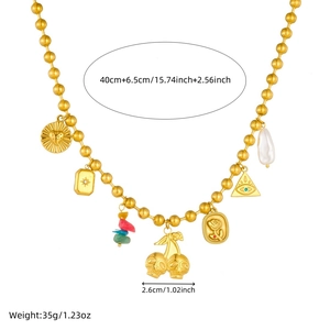 Vintage gold-plated bead necklace with skull cherry and evil eye triangle charms