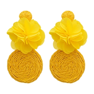 Bohemian style yellow fabric flower and woven raffia disk drop earrings for women