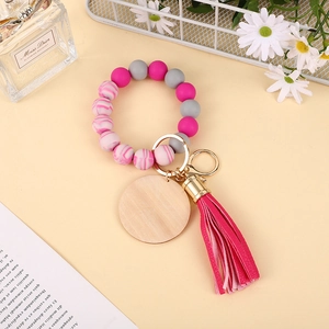 Colorful silicone bead keychain wristlet with beech wood plate and leather tassel