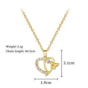 Detailed view of gold butterfly heart necklace with dimensions 2.1cm and 3.1g weight