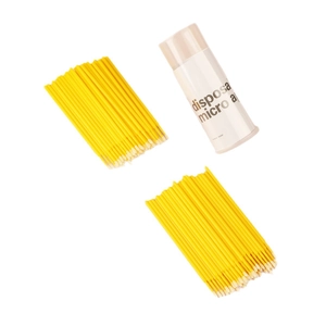 Disposable micro applicators in yellow with a storage container for makeup and lash cleaning