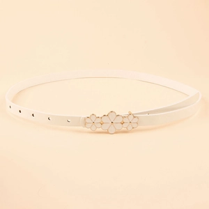 Close-up of a white PU leather skinny belt with three delicate flower-shaped buckles