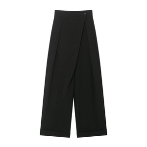 Women High Waisted Wide Leg Trousers Asymmetrical Crossover Waist Button Casual Office Straight Woven Pants Black Chic