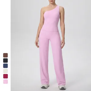 Haut De Yoga Une Epaule Et Pantalon Large Taille Haute Nylon Spandex Sechage Rapide Fitness Tenue De Sport Pour Femmes