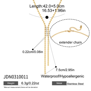 Dimensions détaillées du collier en Y doré en acier inoxydable avec zircons et billes