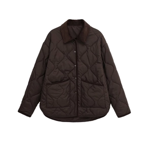 Women's dark brown quilted jacket with corduroy collar and front button pockets